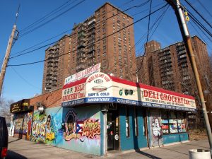Soundview Apartment Buildings and Deli Grocery Store, Bronx, New York City. credit: jag9889