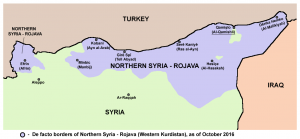 Territory held by Rojava in October 2016 (Source: Wikimedia Commons)