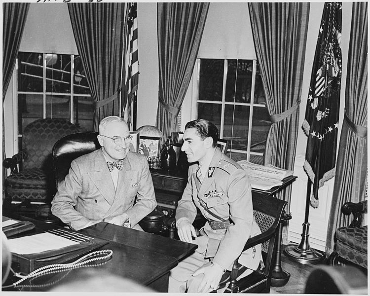 Photograph of President Truman and the Shah of Iran in the Oval Office. (Credit: Abbie Rowe; National Archives and Records Administration)