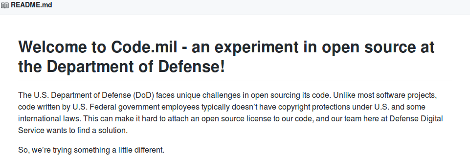 An excerpt from the Dept. of Defense page of Github, a popular code sharing website