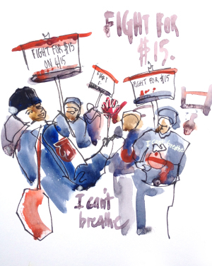 A sketch of some of the first people to show up for a minimum-wage protest in New York, May 2015. Demonstrators carried signs that said, "Fight for 15" and wore t-shirts that said, "I Can't Breathe" in remembrance of Eric Garner. (Credit: Suhita Shirodkar).