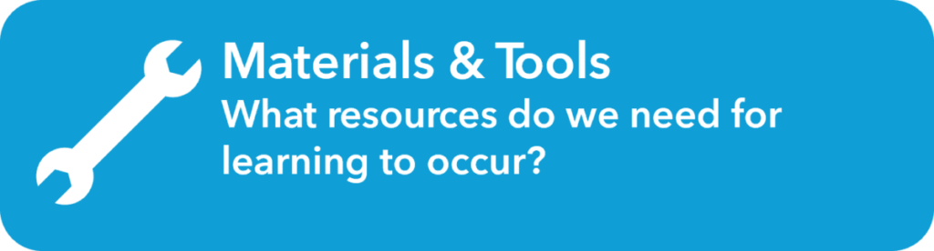 Materials and Tools. What resources do we need for learning to occur?