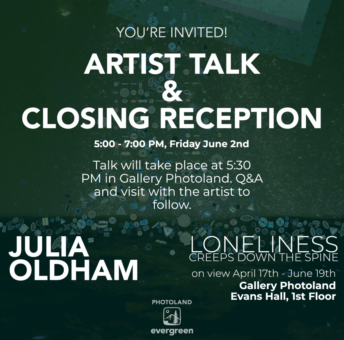 Invitation to and artist talk and closing reception for the show Loneliness Creeps Down the Spine by artist Julia Oldham from 5-7pm on Friday June 2nd 2023 in Gallery Photoland.